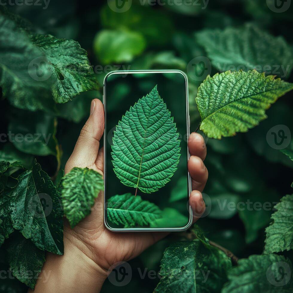 Nature meets technology as a hand holds a smartphone displaying a vibrant leaf among lush greenery photo