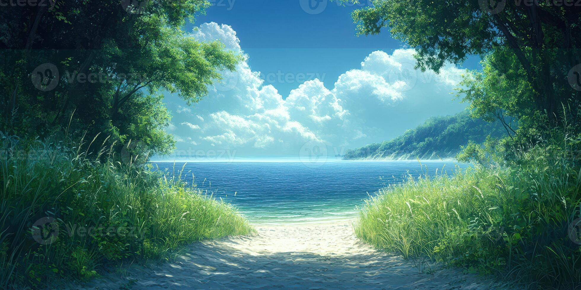 Beautiful serene beach view with lush greenery and calm waters under a bright sky photo