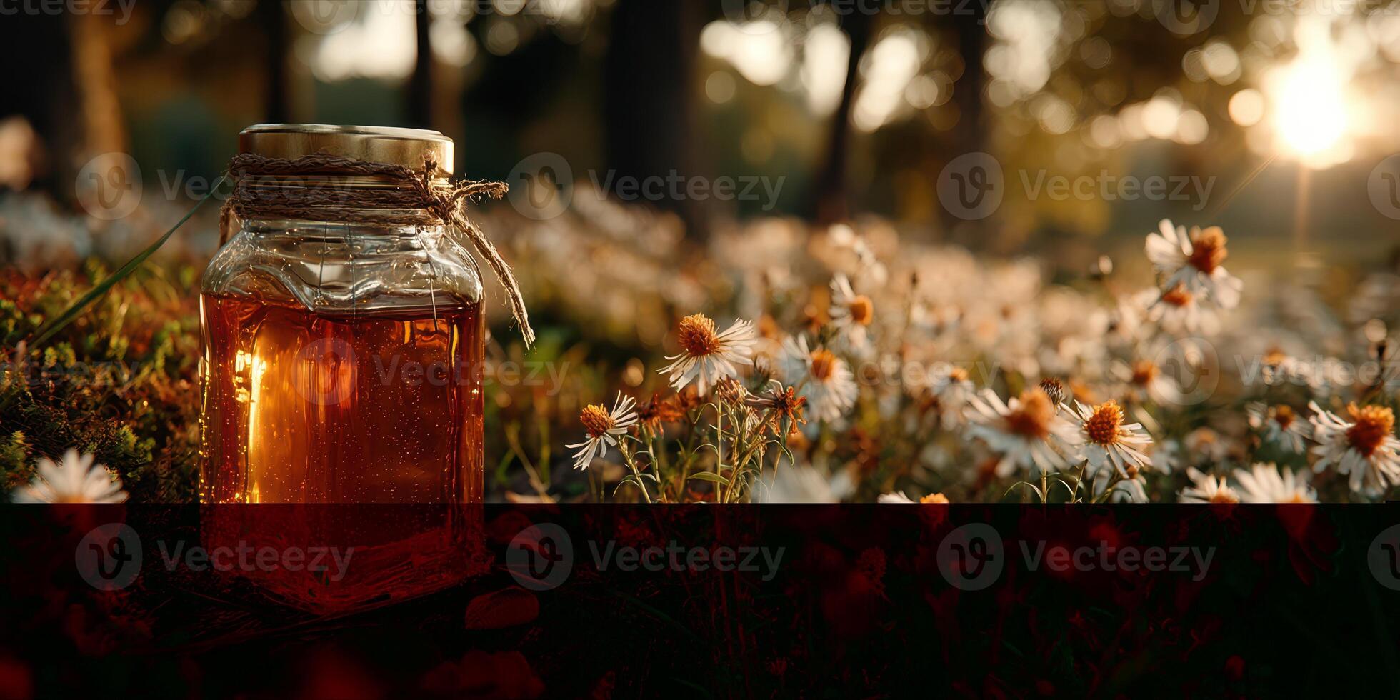 Sunlight glimmers on a jar of honey surrounded by blooming wildflowers in a serene outdoor setting photo