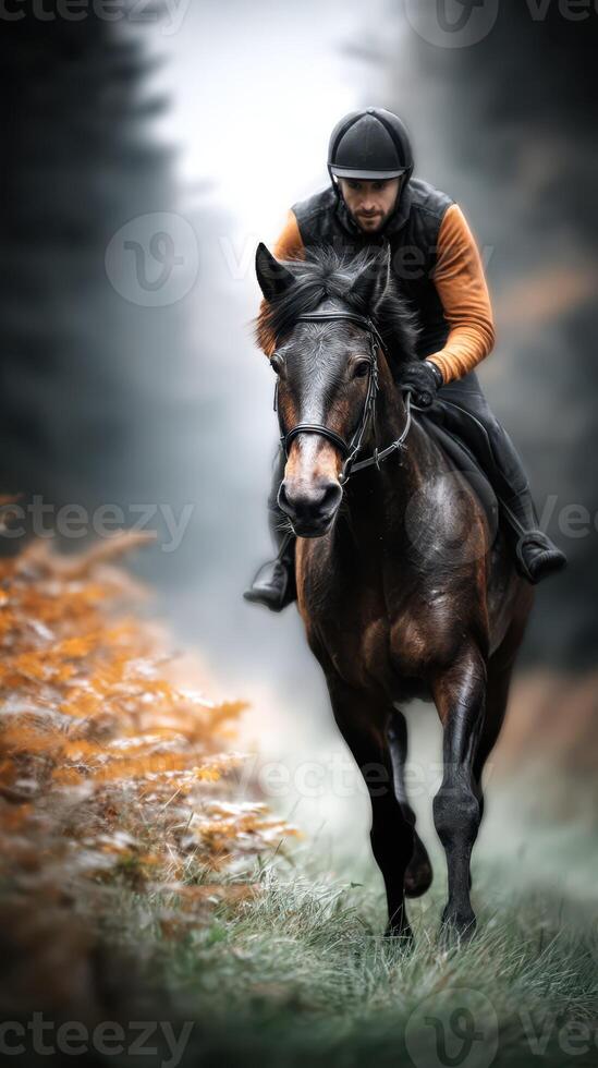 Horseback riding through a foggy forest in autumn with a rider wearing a dark outfit and helmet photo
