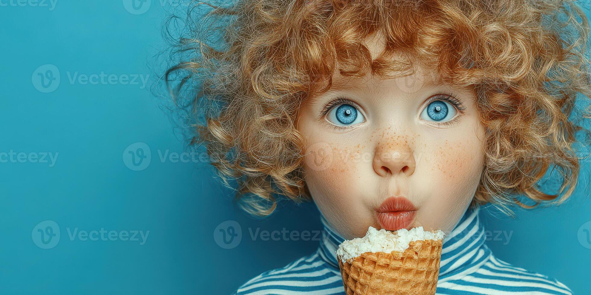Child enjoys ice cream cone with a surprised expression against a bright blue background during a sunny afternoon photo