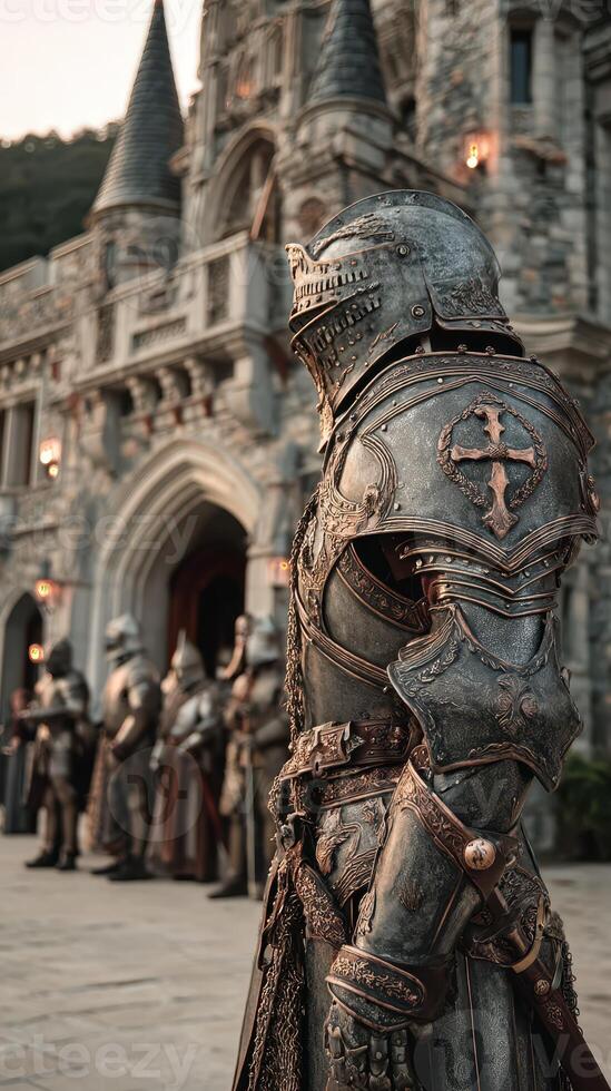 Medieval knight in ornate armor stands proud outside a grand castle during twilight gathering of fellow warriors photo