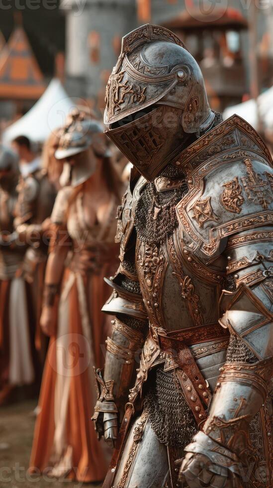 Detailed view of a knight in ornate armor alongside others during a historical reenactment in a festival setting photo