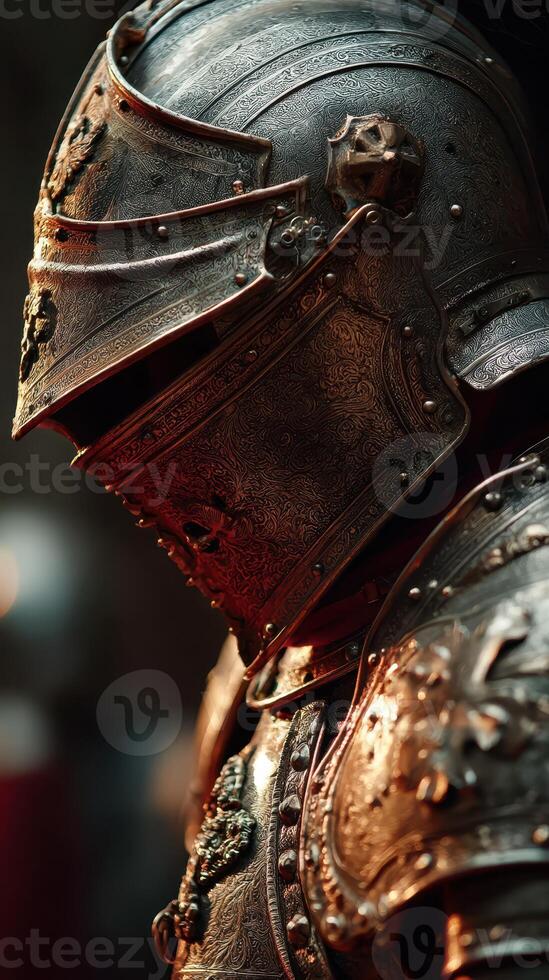 Intricate details of a medieval knight's armor showcasing artistry and craftsmanship in a historical reenactment setting photo
