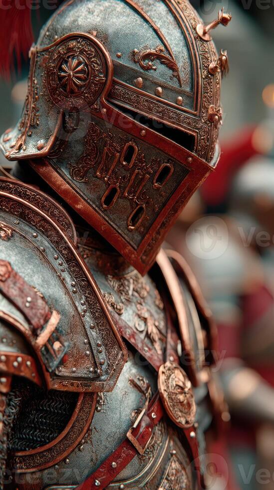 Detailed armored knight stands ready in a historical reenactment event in the afternoon light photo