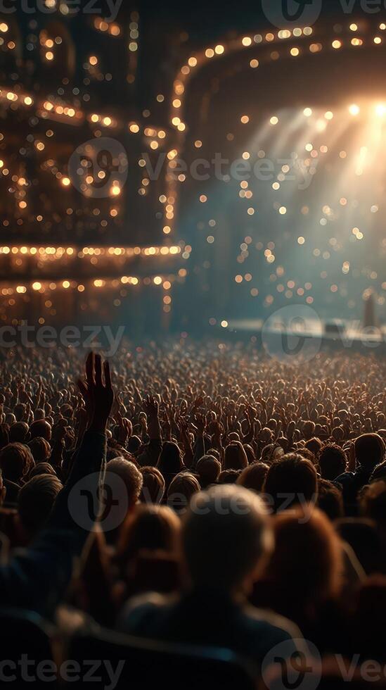 Crowds wave hands in excitement during a live concert at an entertainment venue in the evening photo