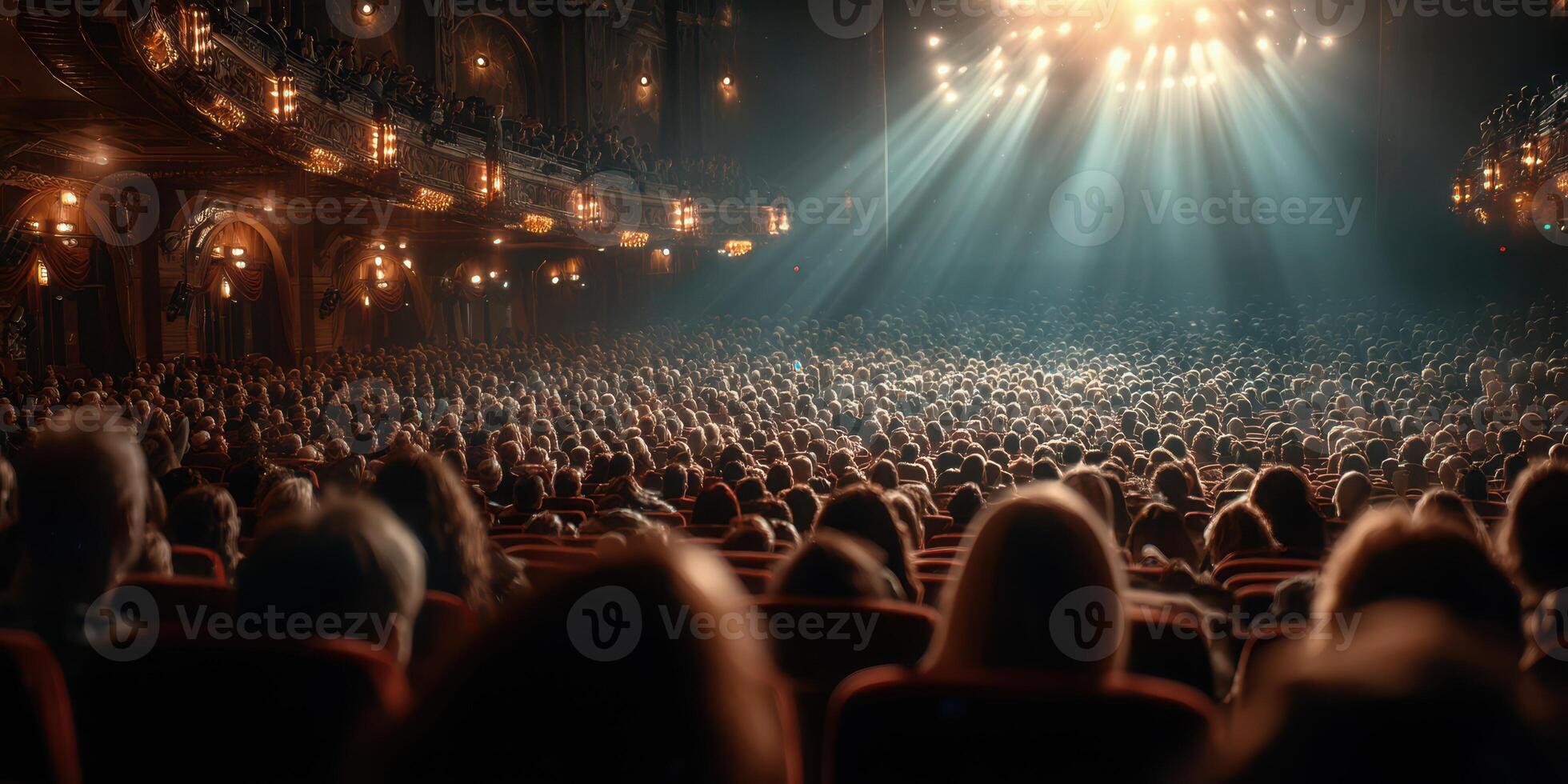 Large audience enjoying a live performance in a historic theater during an evening event with dramatic lighting photo