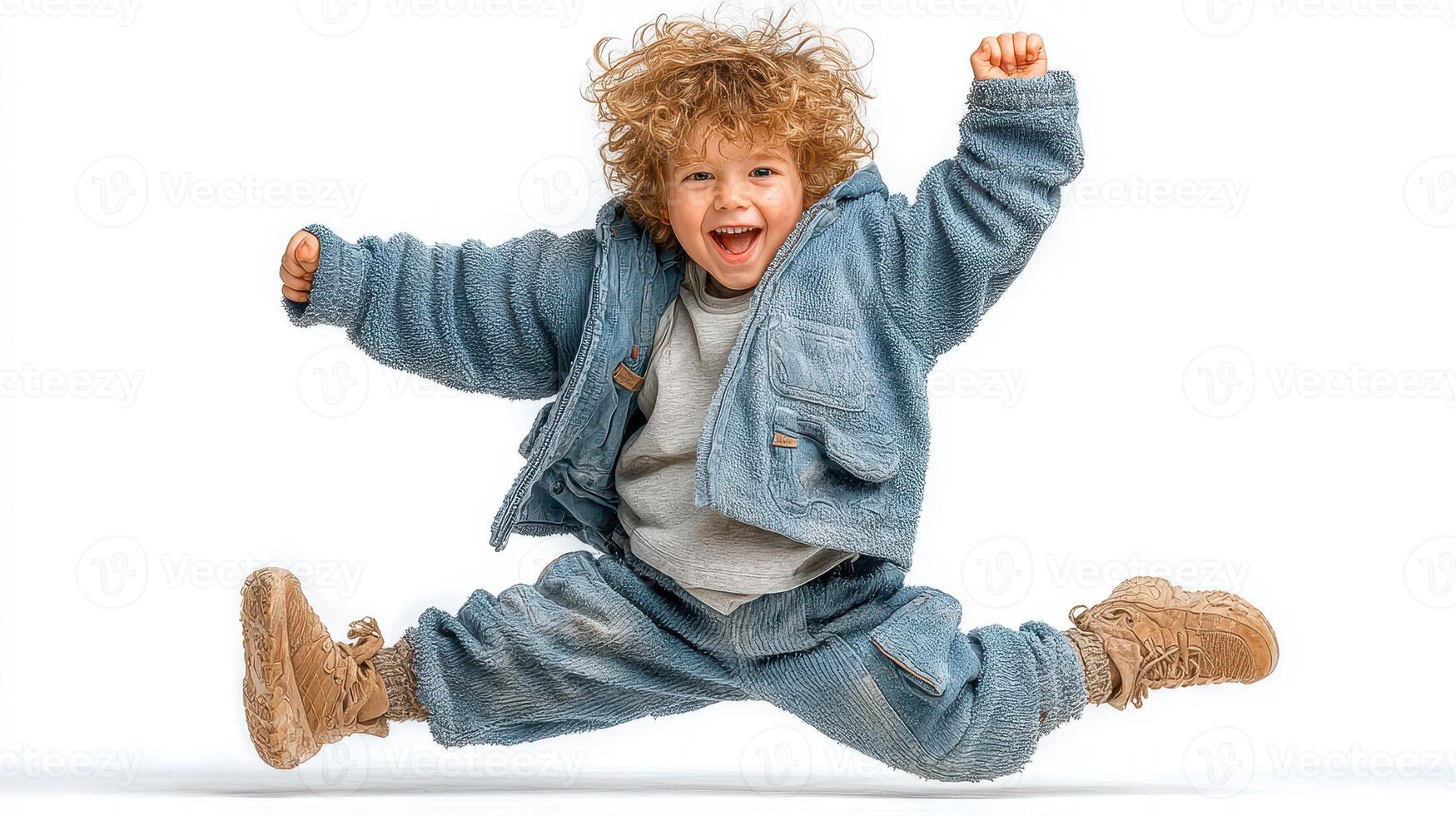Child joyfully jumping in soft blue outfit, showcasing exuberance in studio setting during daytime photo