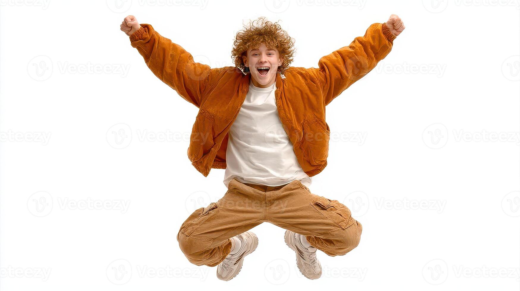 Joyful young person jumps with excitement against a plain background showcasing spontaneity and energy photo