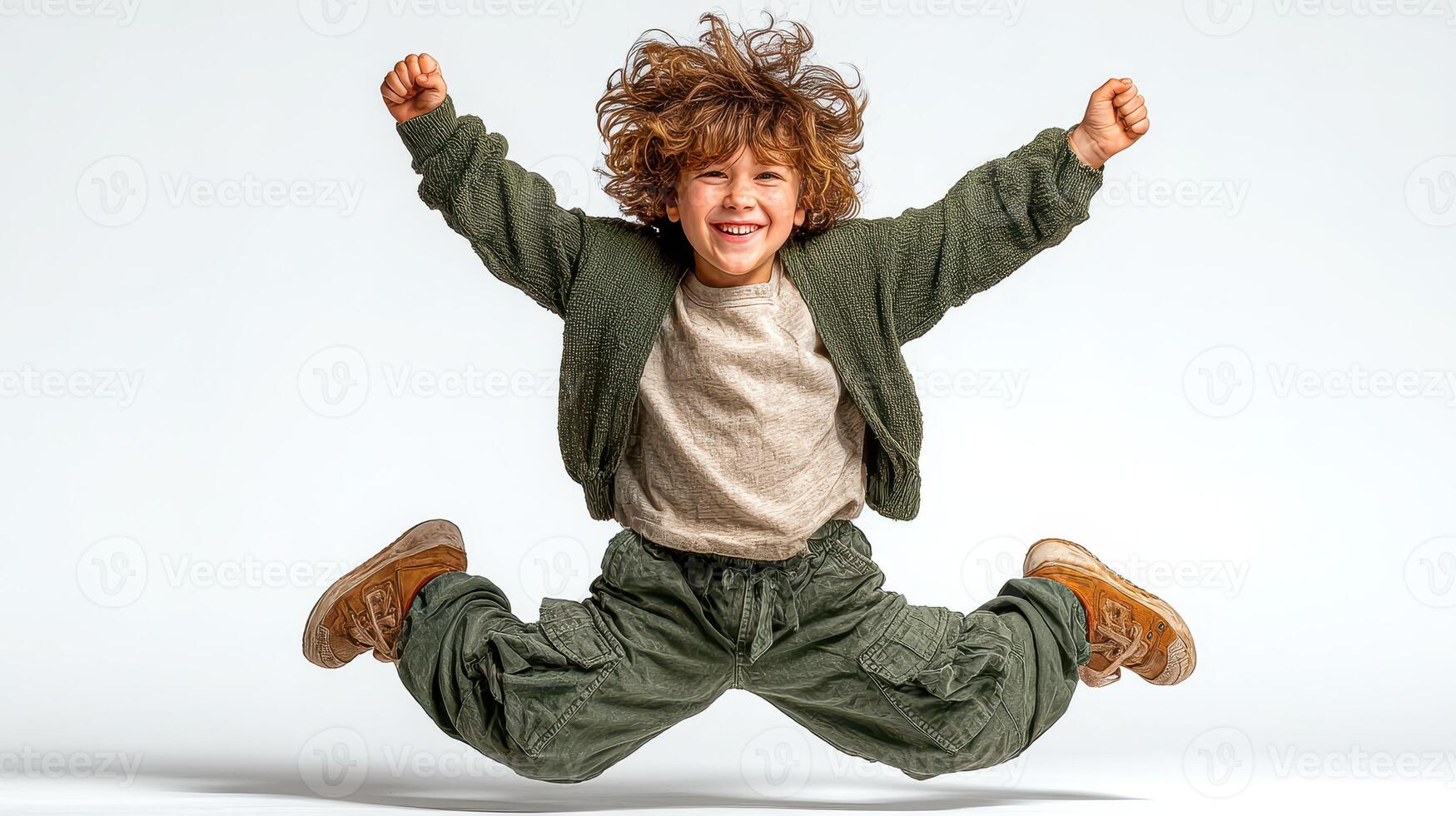 Happy child jumping with joy indoors during daylight wearing casual clothes and showing excitement photo