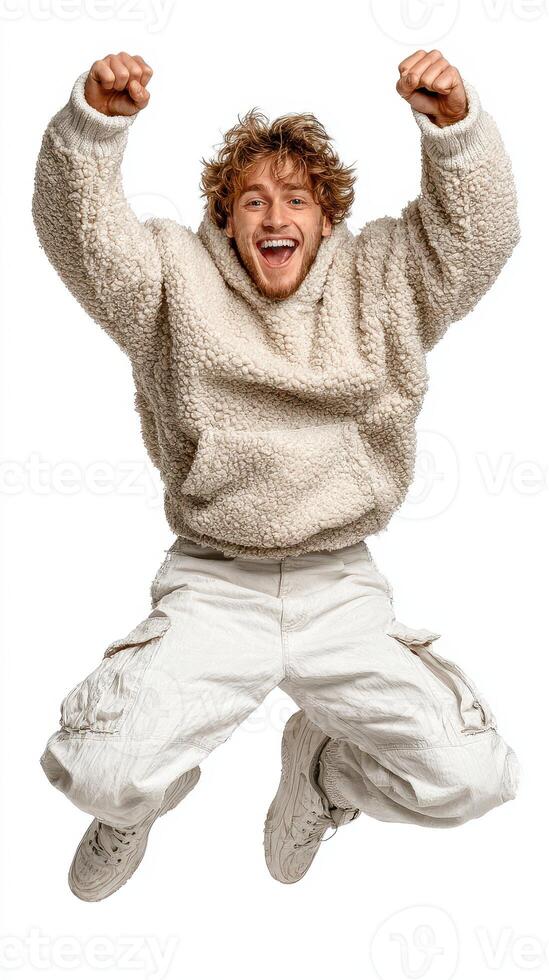 Young man joyfully jumping in a cozy sweater against a plain background expressing happiness and celebration photo