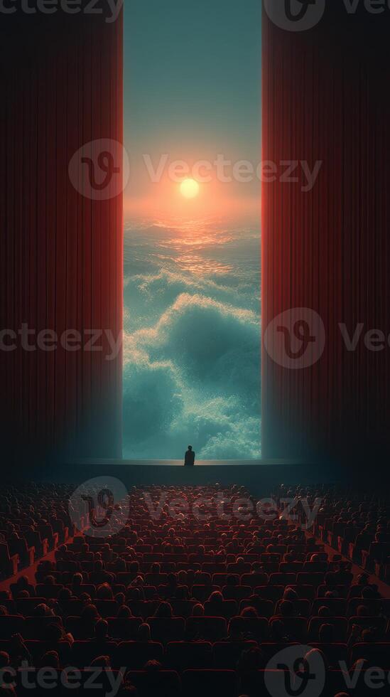 Spectacular view from an empty theater overlooking the ocean at sunset with dramatic waves photo
