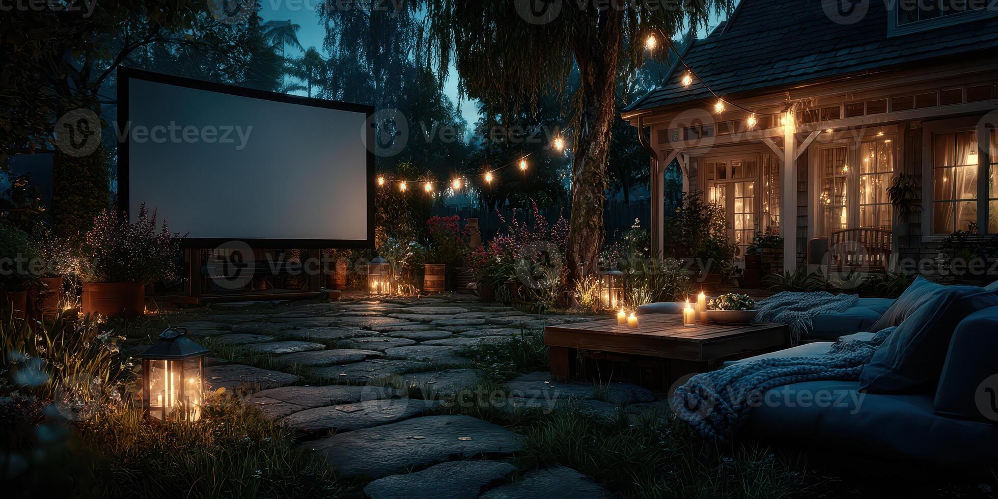 Outdoor movie night setup with lights and cozy seating in a garden at twilight photo