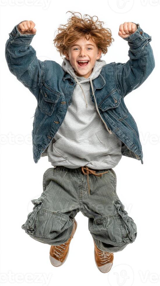 Child joyfully jumping in casual outfit showing excitement and happiness indoors photo