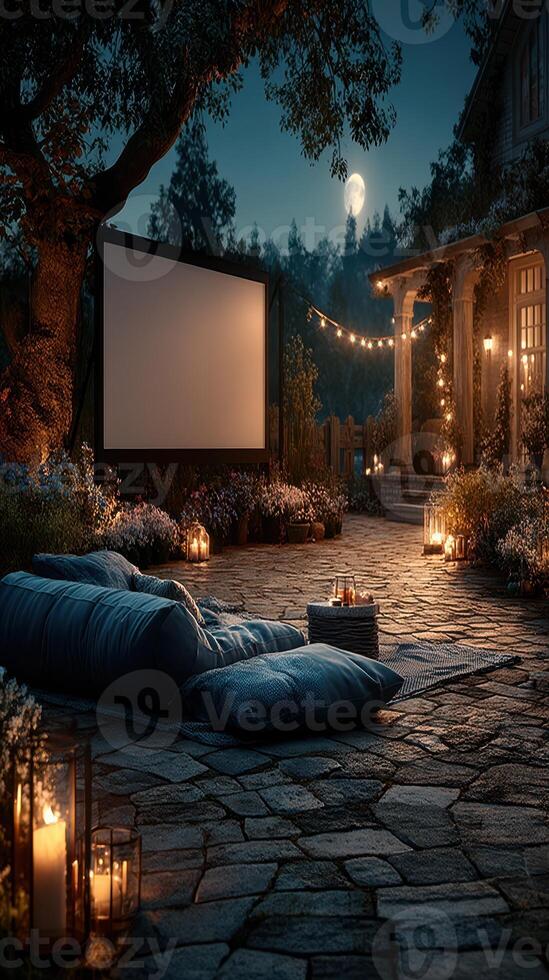 Outdoor movie night setup in a cozy garden under moonlight with soft seating and twinkling lights photo