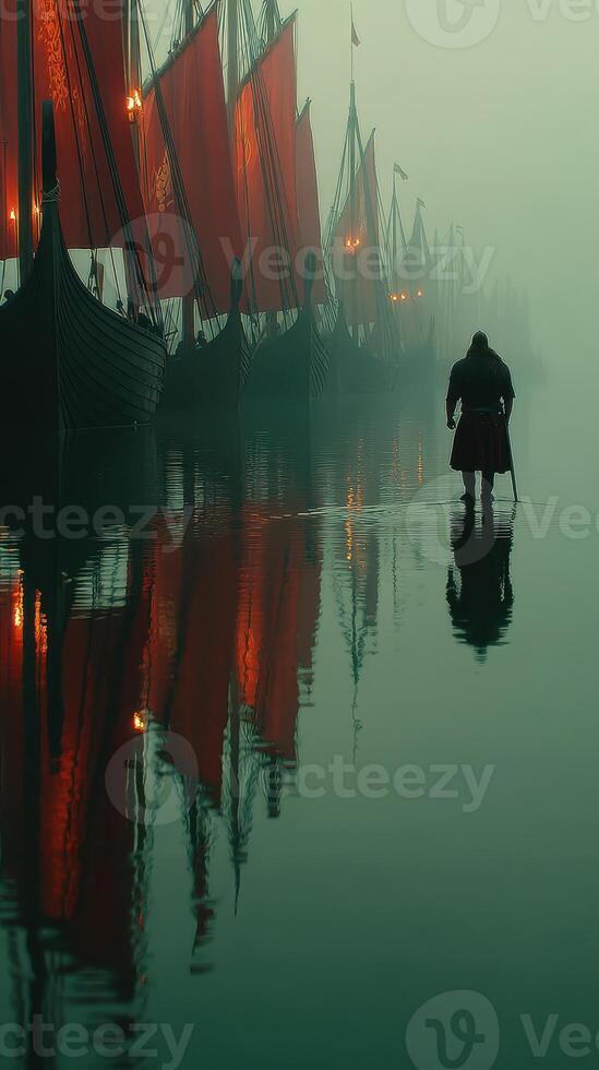 Mysterious figure wades through foggy waters beside Viking ships at twilight photo