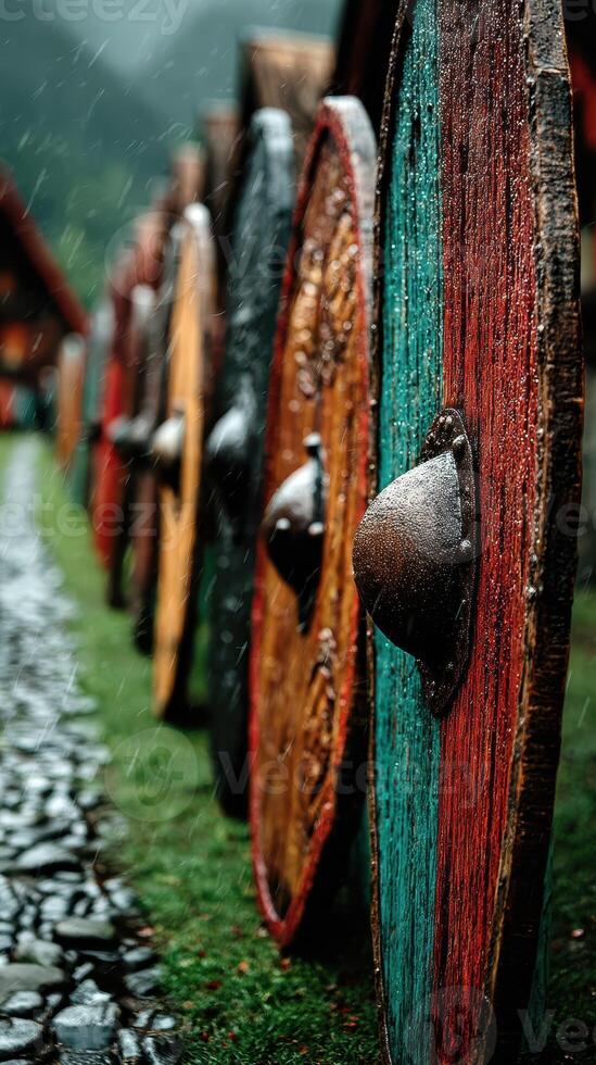 Colorful shields lined up in a rainy Viking village during a historical reenactment event photo