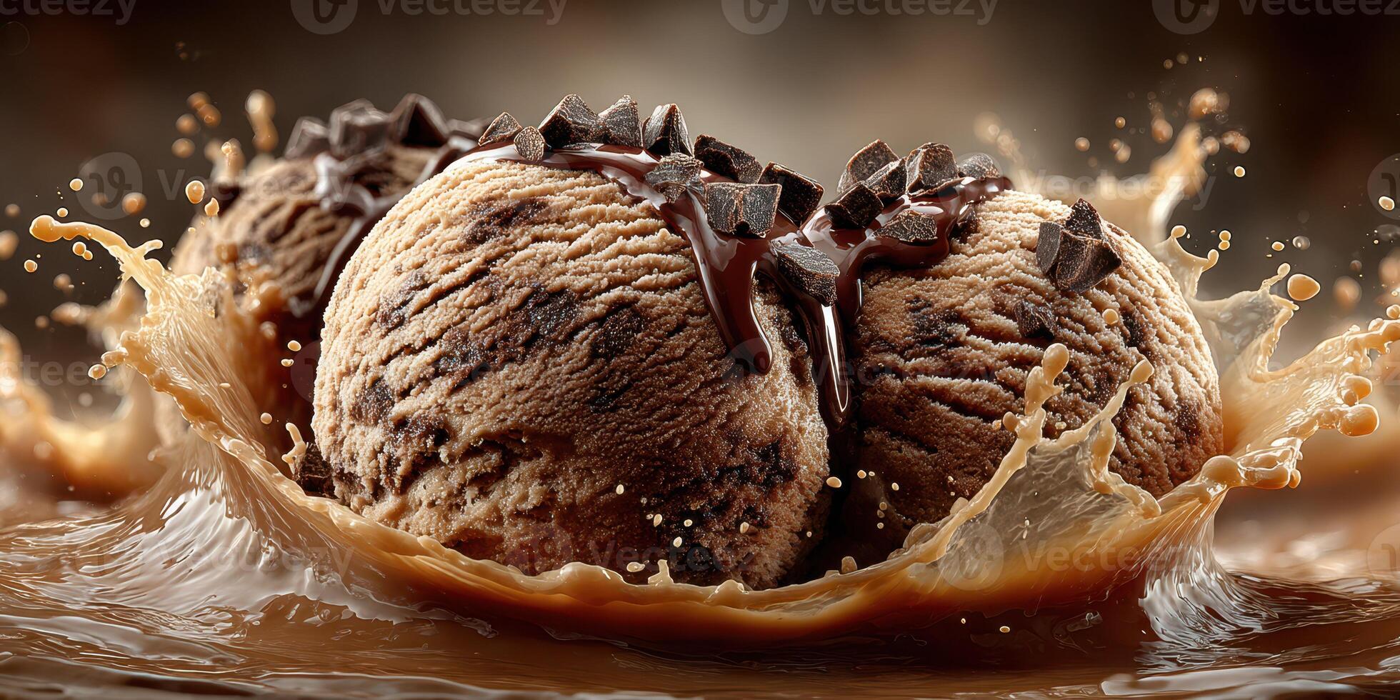 Indulgent chocolate ice cream scoops create a luscious splash in rich chocolate sauce photo
