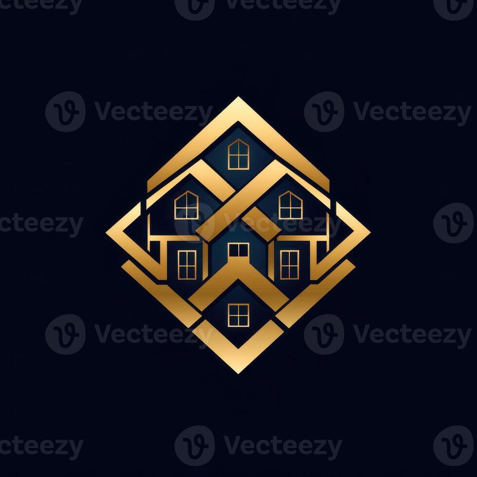 Modern logo design featuring stylized houses with geometric patterns in gold and dark hues, representing real estate branding photo