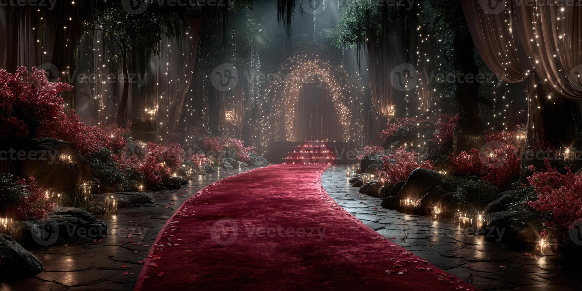 Enchanted forest pathway adorned with lights and flowers for a magical celebration at dusk photo