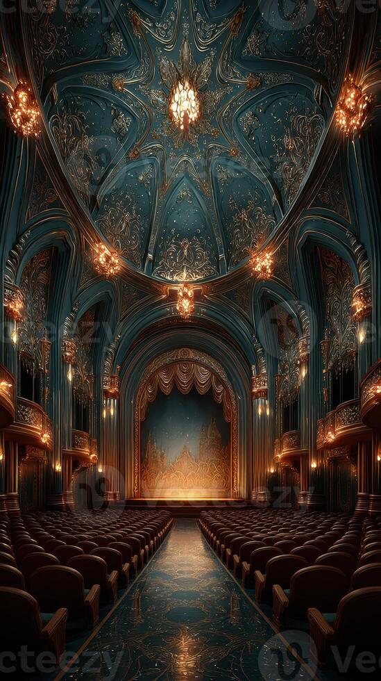 Elegant theater interior showcasing ornate architecture and a grand stage in a historic venue during an evening performance photo