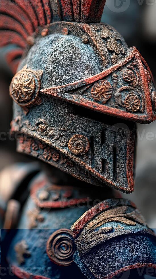 Detailed close-up of a beautifully crafted knight statue showcasing intricate armor design in natural light photo