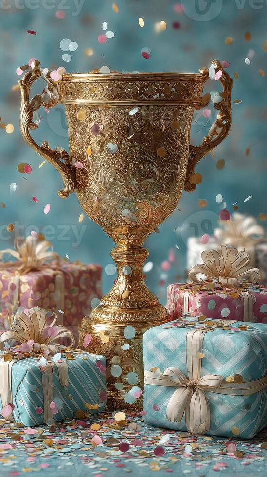 Celebration with a golden trophy surrounded by colorful gifts and confetti in a festive setting photo