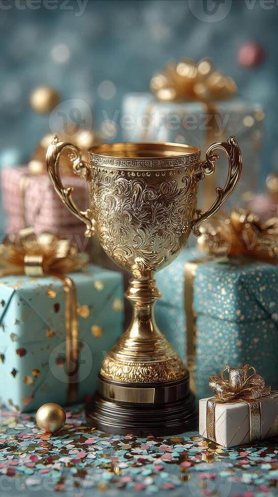 Decorated trophy surrounded by colorful presents and festive confetti at a celebration event photo