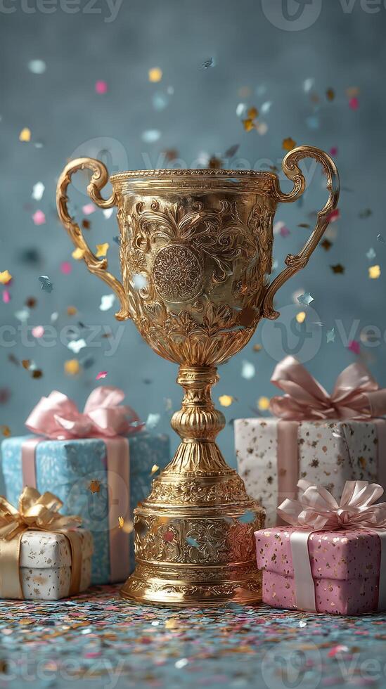 Golden trophy surrounded by colorful gifts and confetti for a celebratory event in a festive atmosphere photo