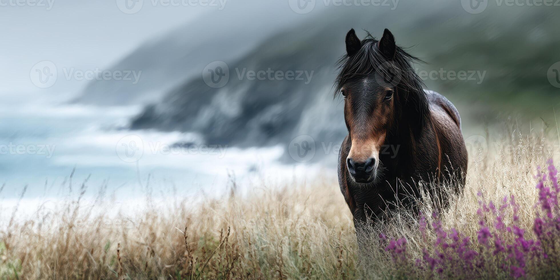 Majestic horse grazing near the coastline with purple flowers and misty mountains in the background at dawn photo