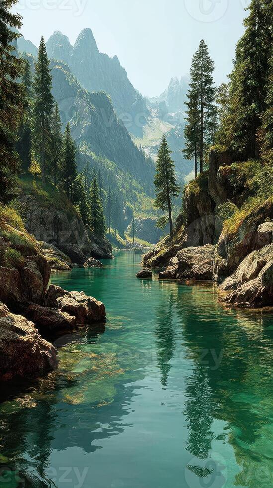 Stunning mountain lake reflecting pine trees and rocky cliffs in a serene nature setting photo