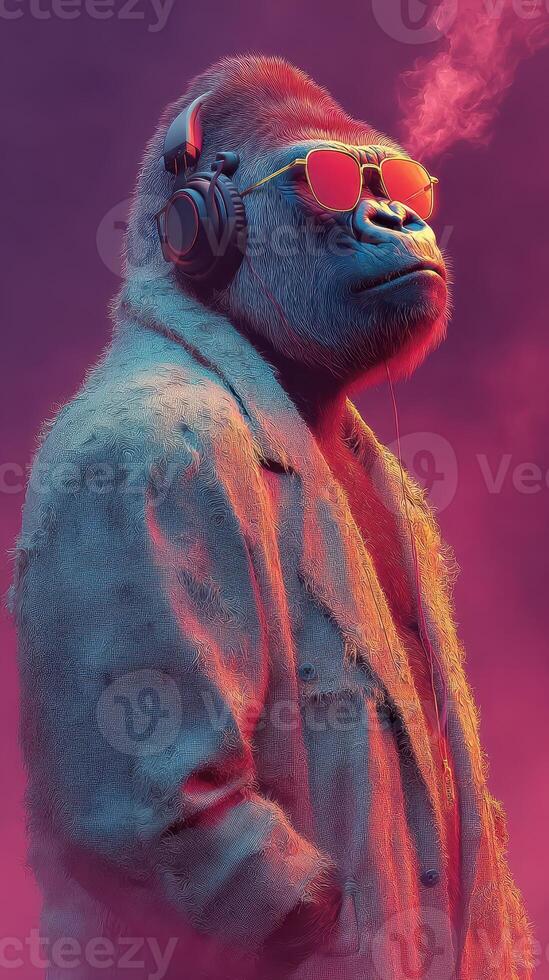 Gorilla wearing sunglasses and headphones stands confidently in a colorful, smoky background at dusk photo