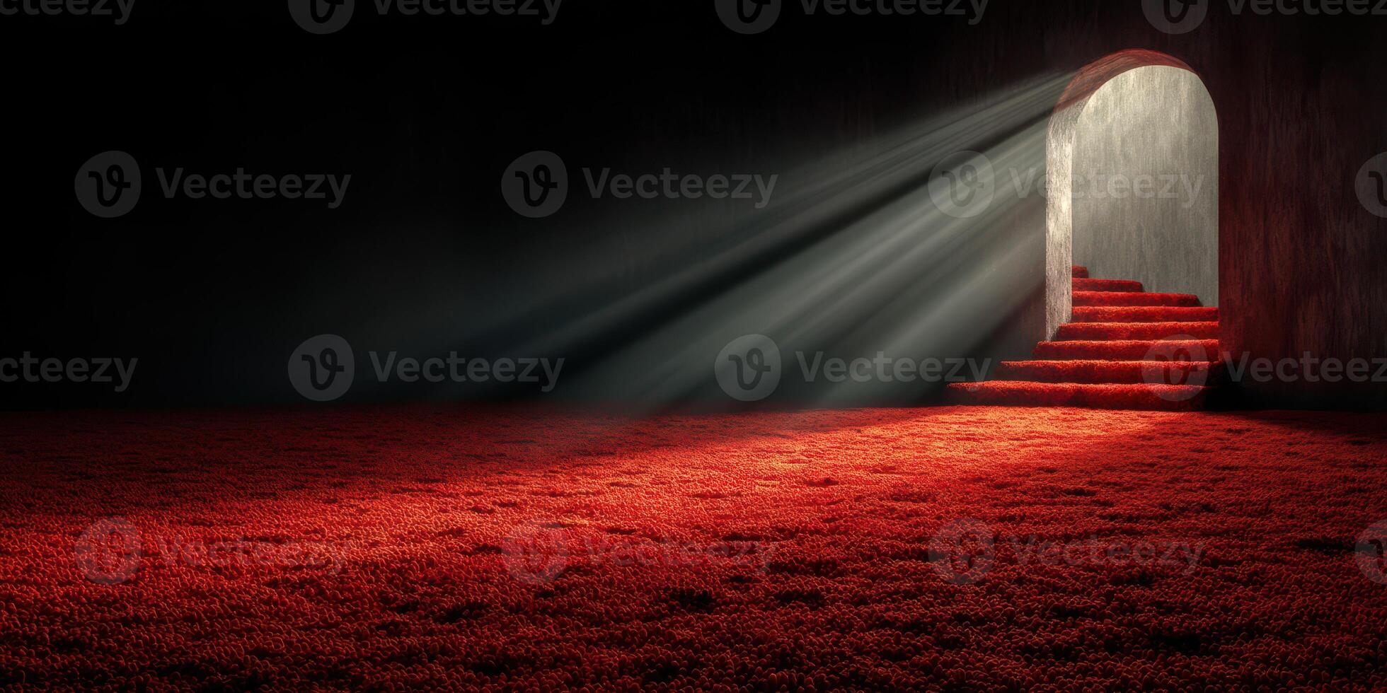 Mysterious red carpet leads to illuminated doorway in dark space with beams of light photo