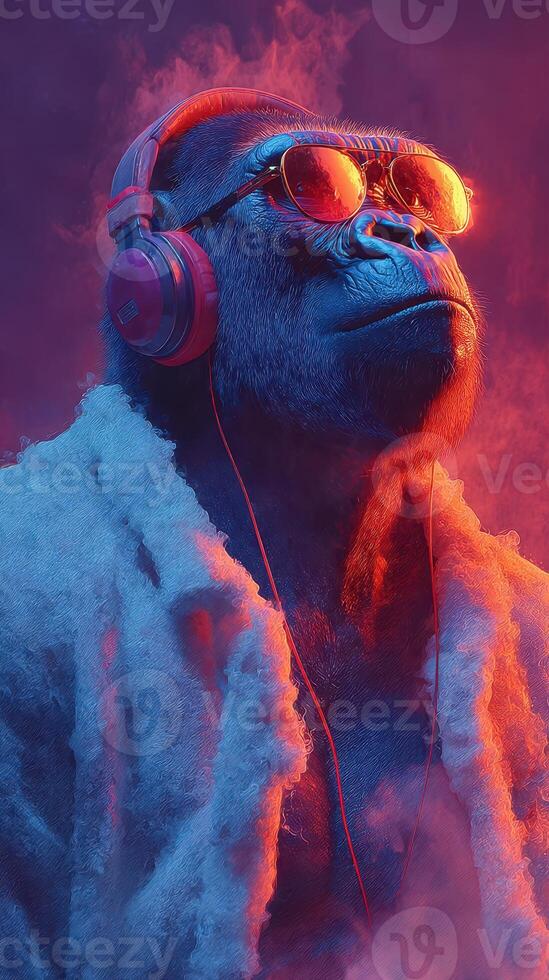 Gorilla enjoying music with headphones in a vibrant, artistic setting at nighttime photo