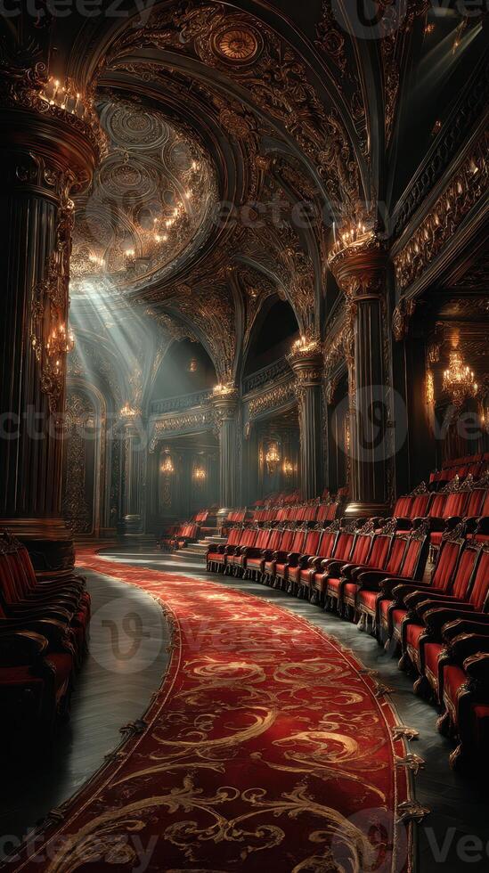 Elegant interior of a vintage theater showcasing intricate architecture and warm lighting during an evening performance photo
