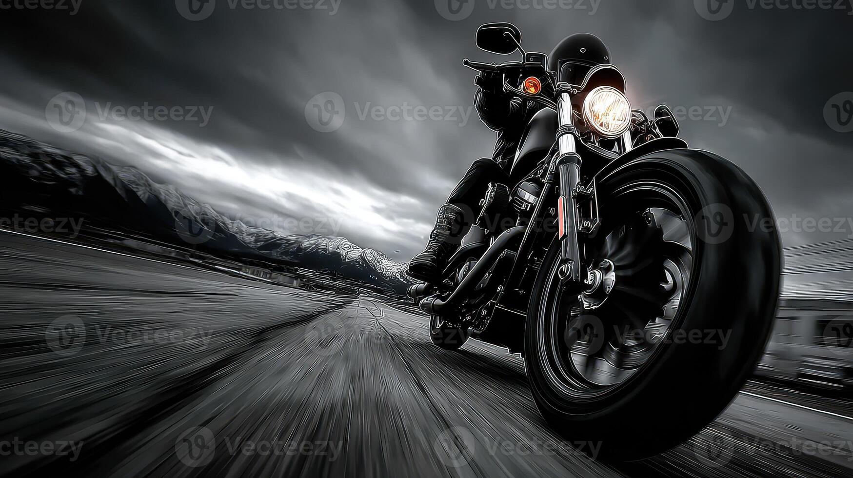 Motorcycle rider speeding on a winding road with mountains in the background under cloudy skies photo