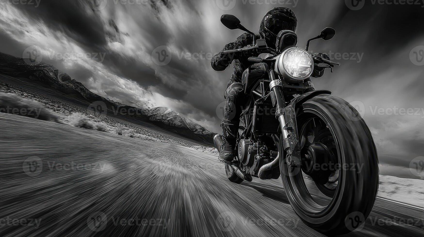 Motorcycle rider speeds across a dramatic landscape under an overcast sky photo