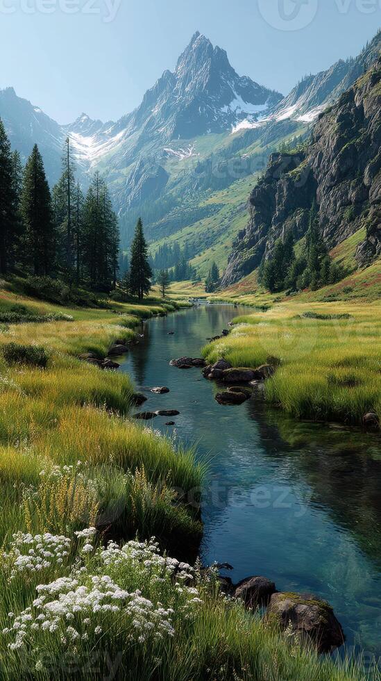 Mountain landscape with a clear stream surrounded by lush greenery and towering peaks on a sunny day photo