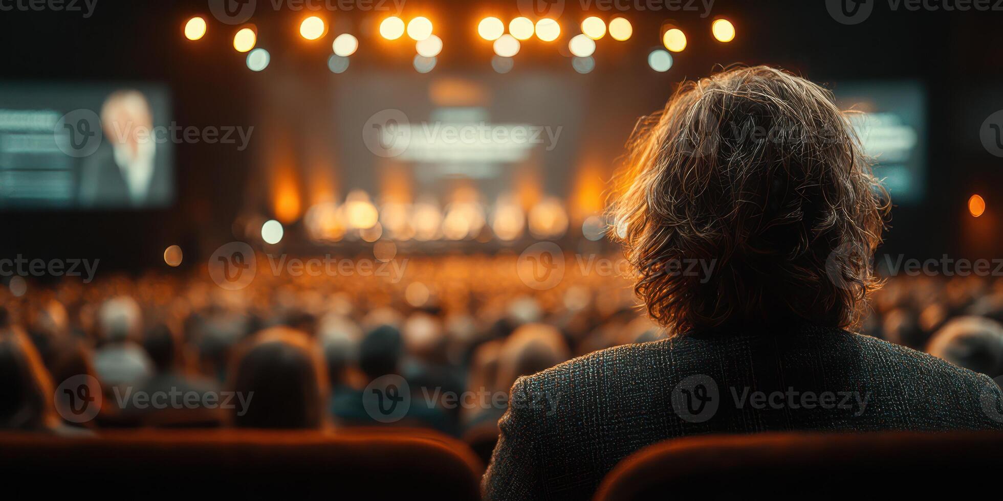 Crowd engaged in inspiring speech during conference at a large auditorium in the evening photo