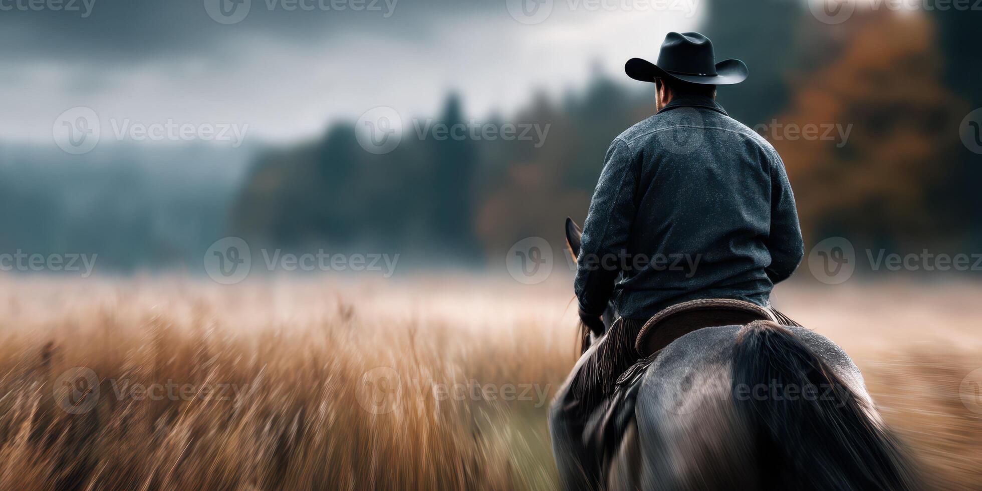 Cowboy riding a horse through tall grass in a misty landscape during early morning light photo