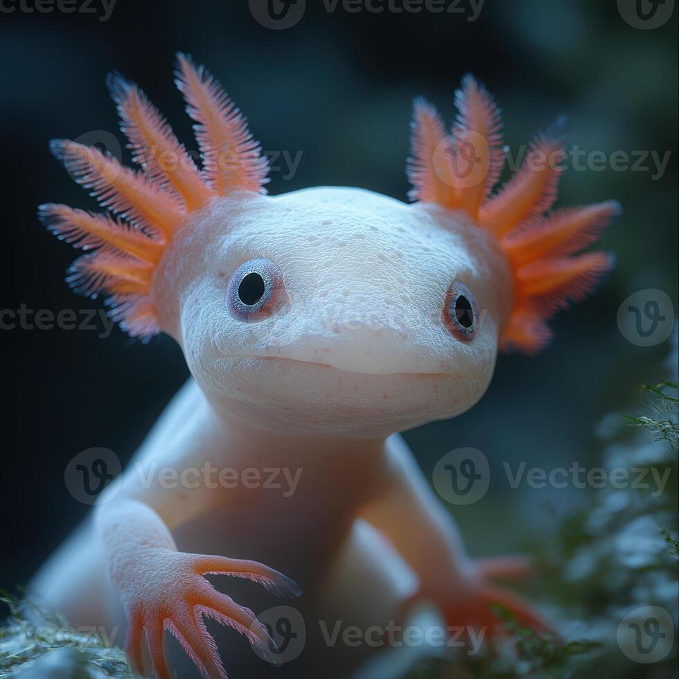 Unique axolotl with vibrant pink gills exploring its freshwater habitat in a serene underwater environment photo