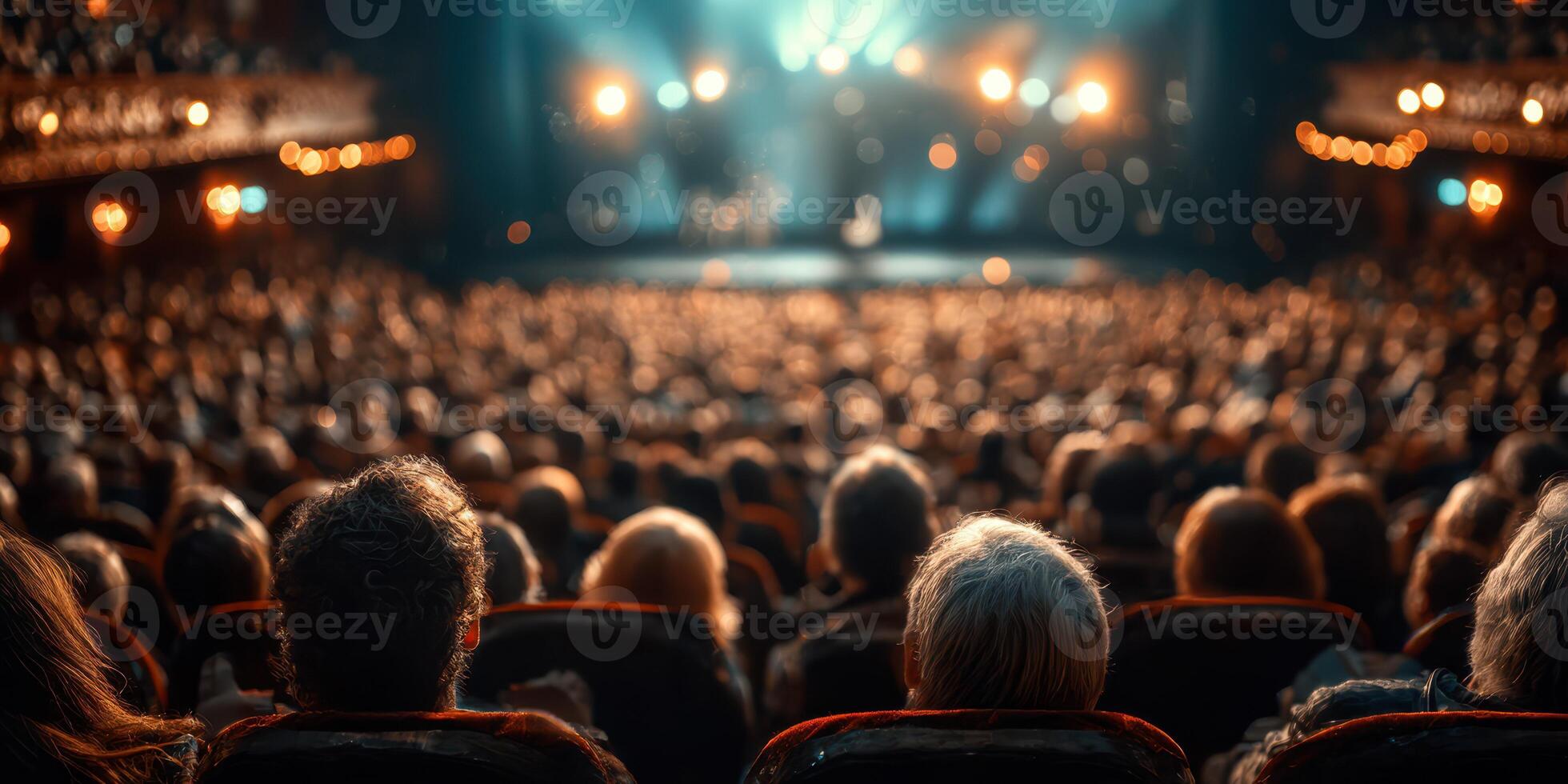 Audience enjoying a live performance in a grand theater with bright lights and vivid atmosphere during evening hours photo