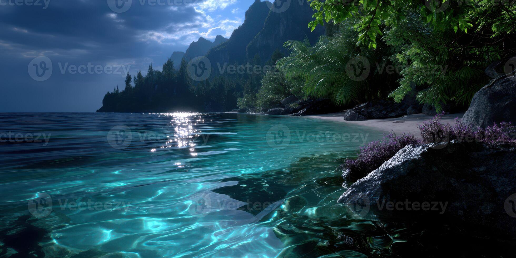Serene mountain lake under moonlight with sparkling water and lush vegetation in a tranquil setting photo