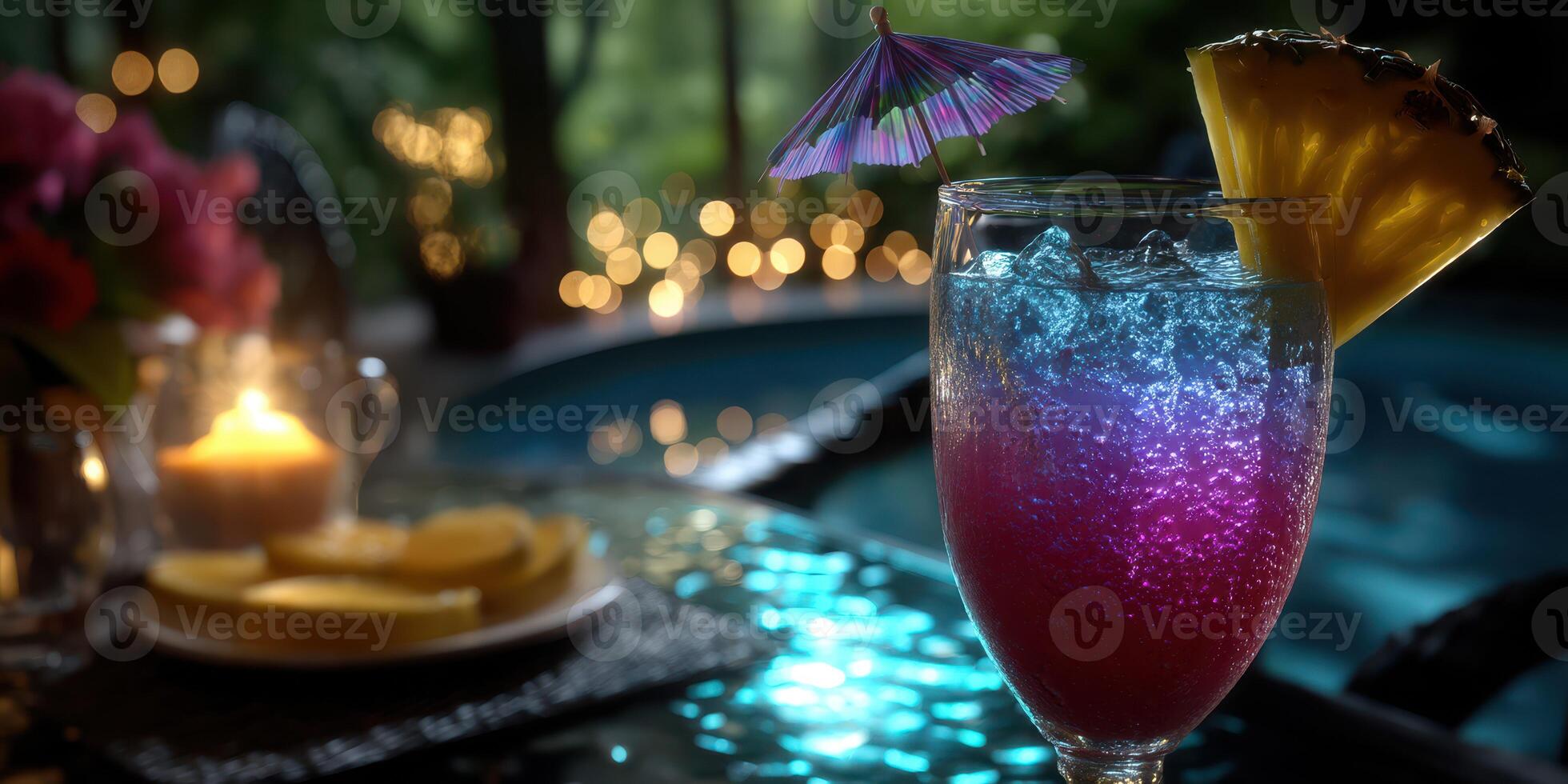 Colorful tropical cocktail served poolside with decorative garnishes during an evening gathering photo