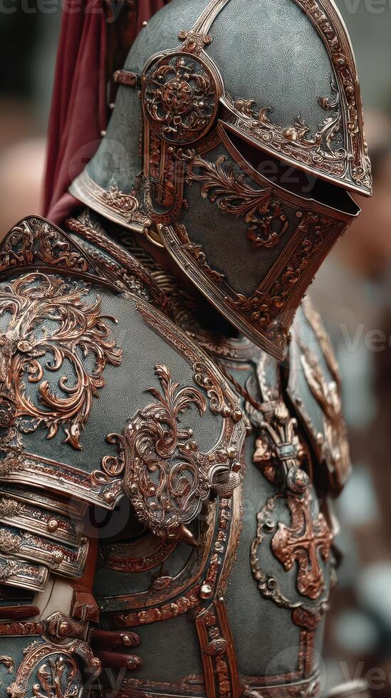 Intricately detailed knight armor showcases craftsmanship during a medieval festival in a historic castle setting photo
