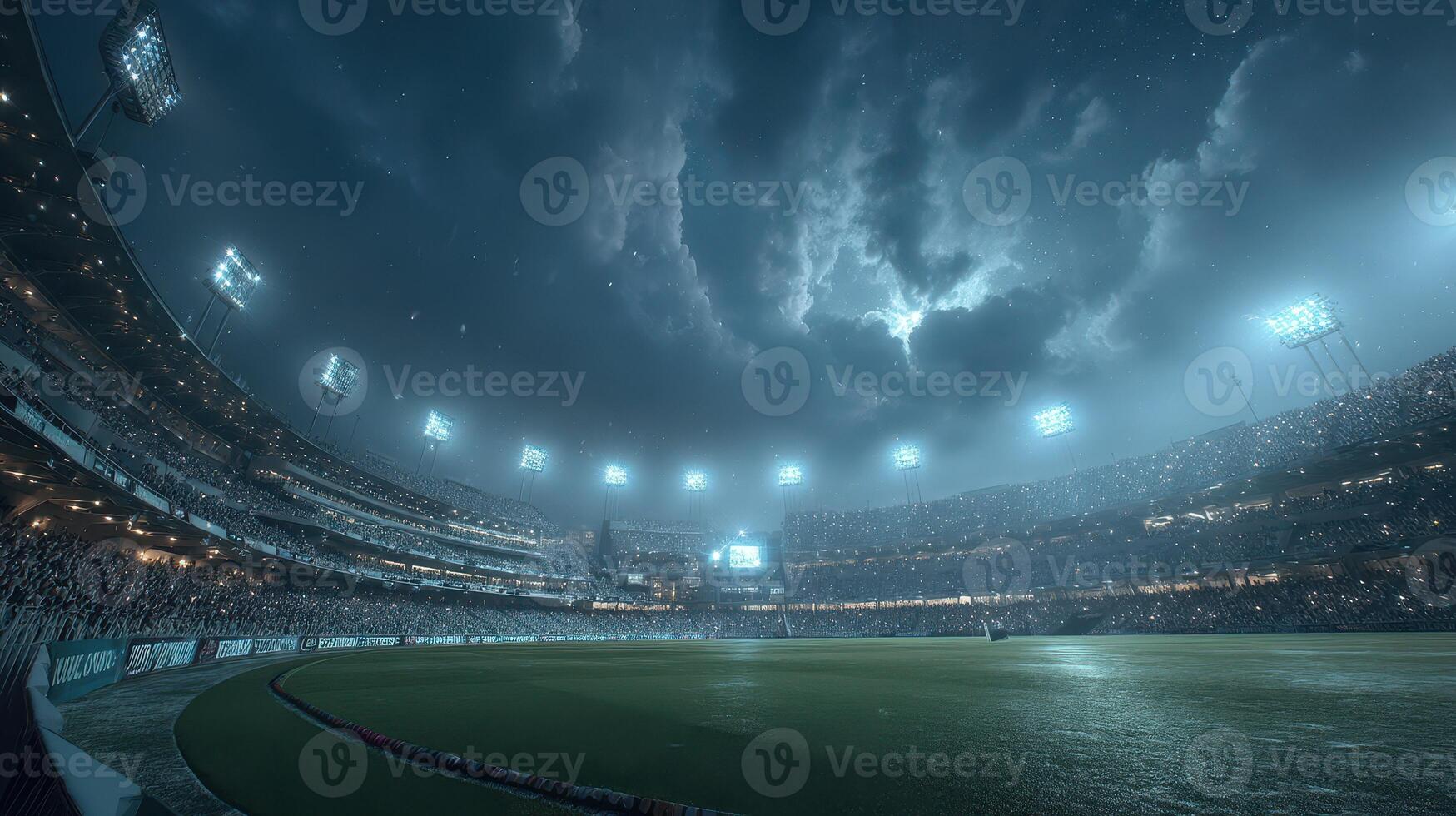 Thunderstorm looms over a packed stadium during a nighttime sporting event with bright lights illuminating the field photo