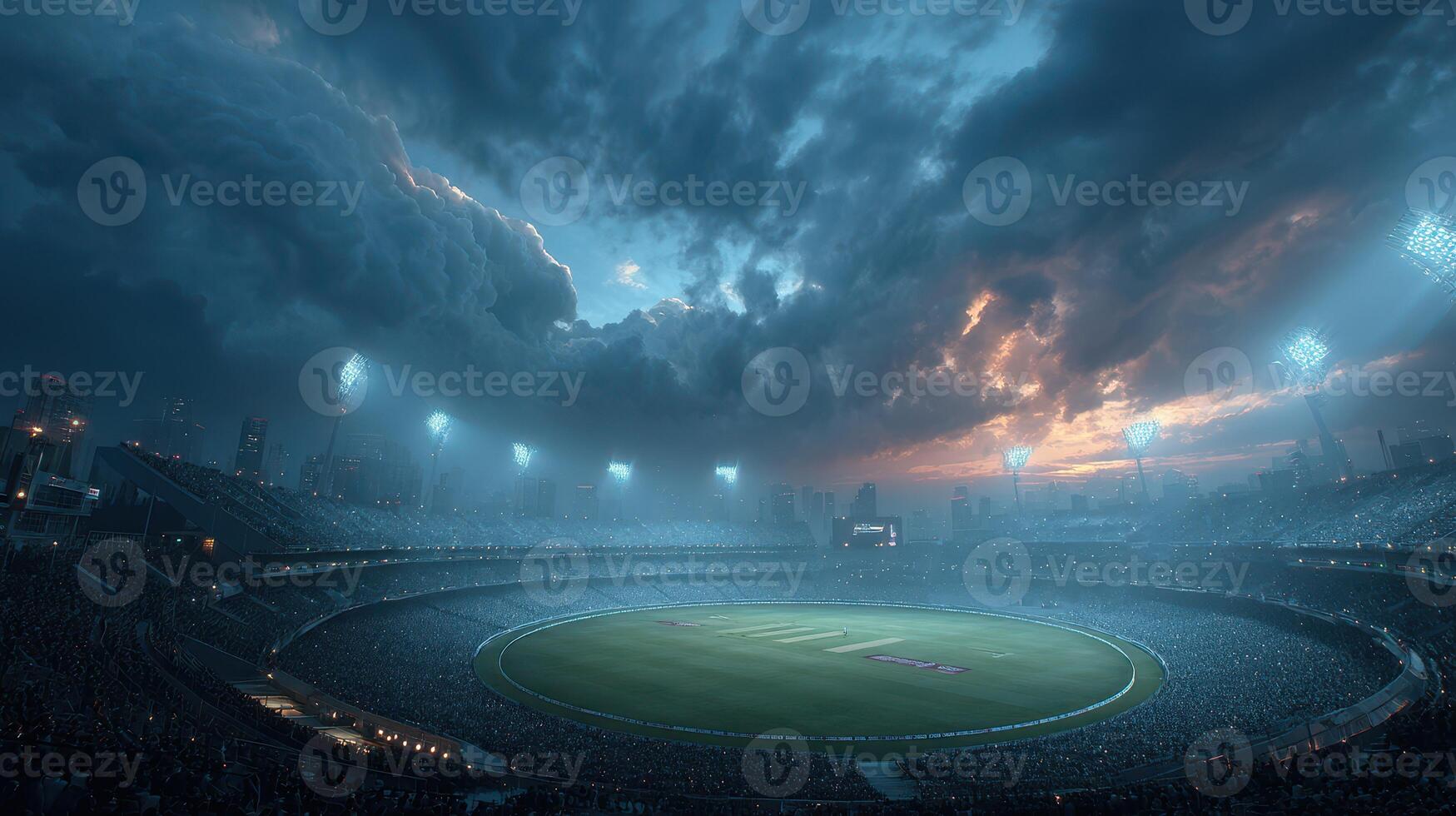 Dramatic sunset clouds over a packed cricket stadium during an evening match in an urban setting photo