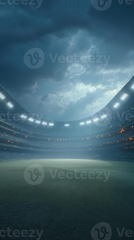 Dark clouds loom over a stadium with bright lights glowing in anticipation of an upcoming match photo