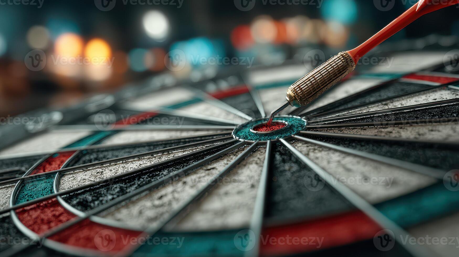 Precision and skill on display as dart lands on the bullseye in a lively game setting during the evening hours photo
