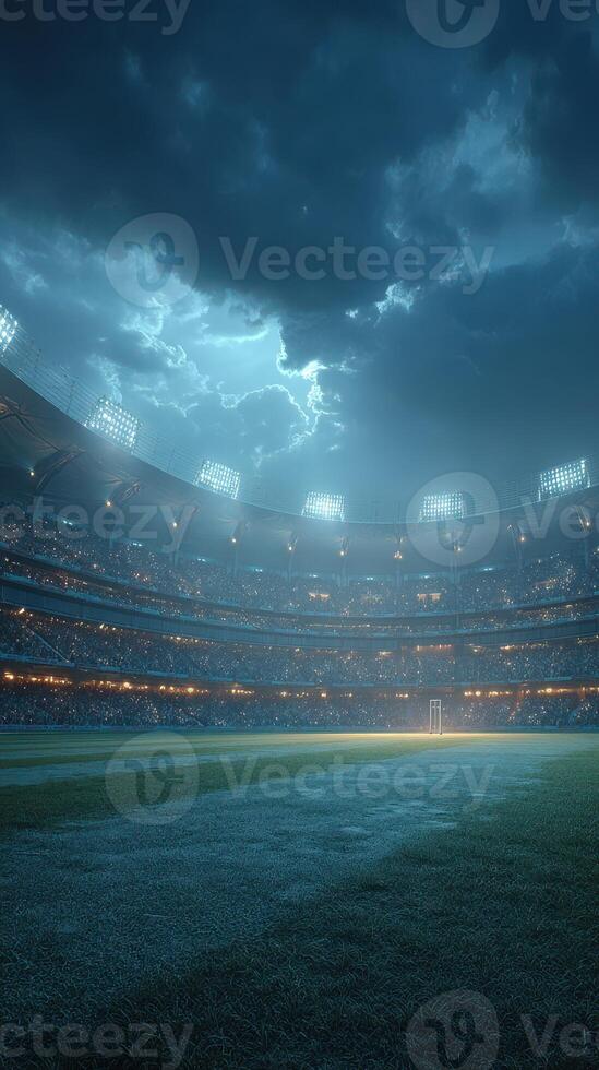 Excitement builds in a floodlit stadium just before the start of an important cricket match at dusk photo
